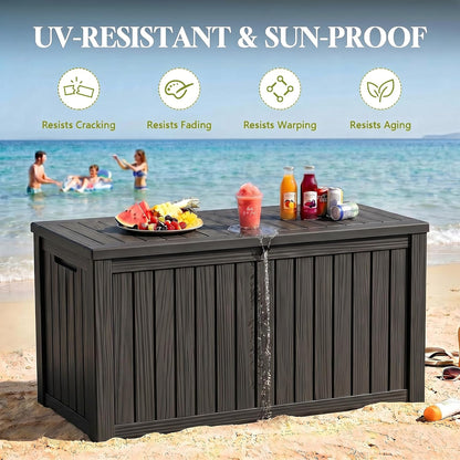 Waterproof Outdoor Storage Box Outside Deck Box Lockable Resin Bench UV Resistant Furniture Cushion Pool Tool Float Bin Patio Garden Porch (Black, 120 Gallon)
