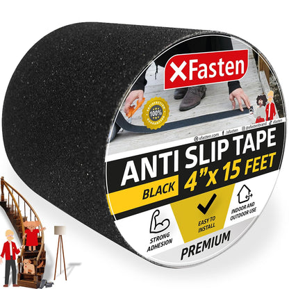 XFasten Anti Slip Grip Tape for Stairs, 4 Inches x 15 Feet, Waterproof Grip Tape for Stairs, Indoor, Outdoor Steps and Treads- Heavy-Duty High Traction Non-Skid Friction Safety Strips, Black