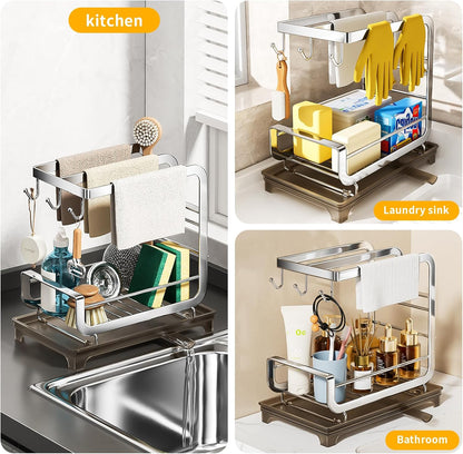PureBox Sponge Holder for Kitchen Sink with Auto-Drain, 2-Tier Extra-Wide 3-Bar Stainless Steel Rustproof Sink Organizer & Sink Caddy, Countertop Must-Have with Removable Drip Tray (9.45" x 6.5")