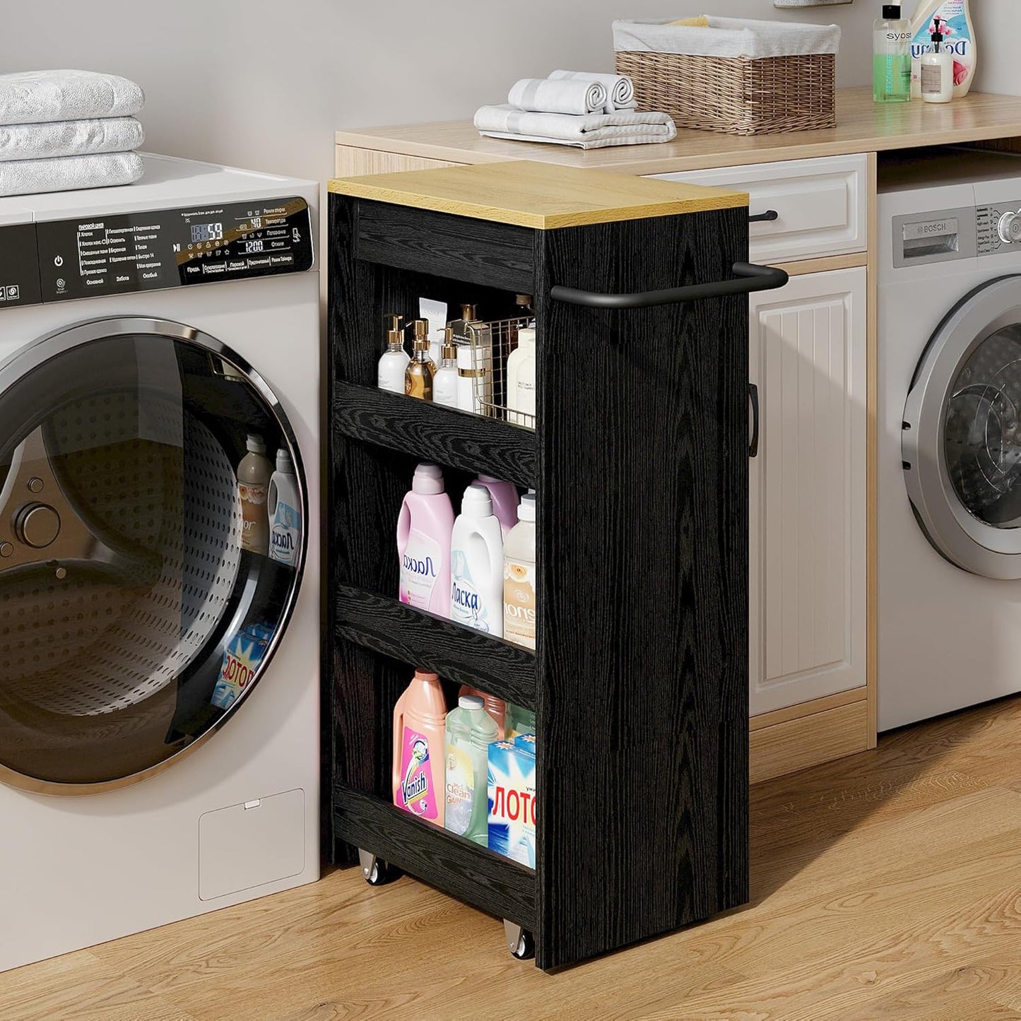 IRONCK Wood Storage Cart 15.8" W, 4 Tier Rolling Kitchen Cart on Wheels, Slide Out Utility Cart, Organizer Trolley with Handle, Drawer for Kitchen, Laundry, Bathroom, Black