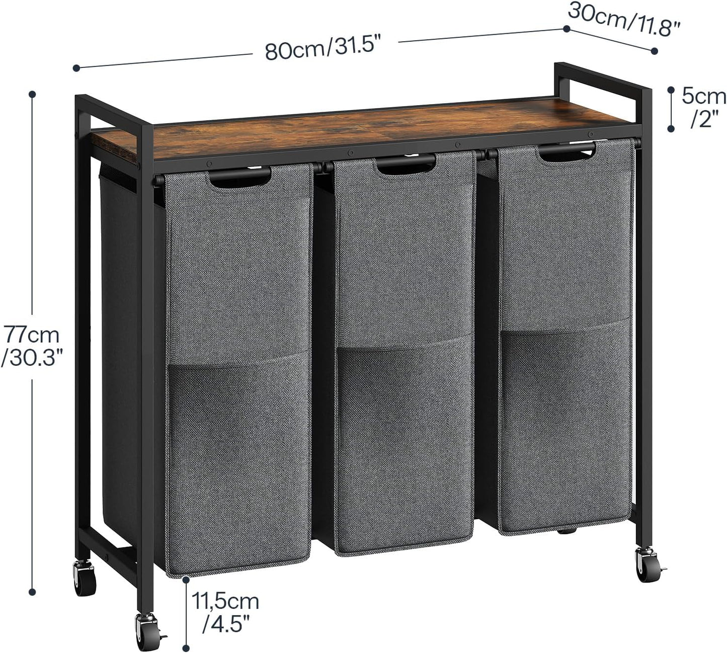 HOOBRO Laundry Sorter 3 Section, Laundry Hamper with Wheels, 3 × 11.5 Gal (43.5 L), Rolling Laundry Basket, Pull-Out and Removable Oxford Fabric Laundry Bags, Rustic Brown and Black BF76XY01