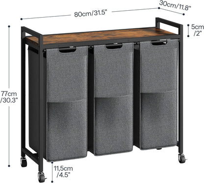 HOOBRO Laundry Sorter 3 Section, Laundry Hamper with Wheels, 3 × 11.5 Gal (43.5 L), Rolling Laundry Basket, Pull-Out and Removable Oxford Fabric Laundry Bags, Rustic Brown and Black BF76XY01