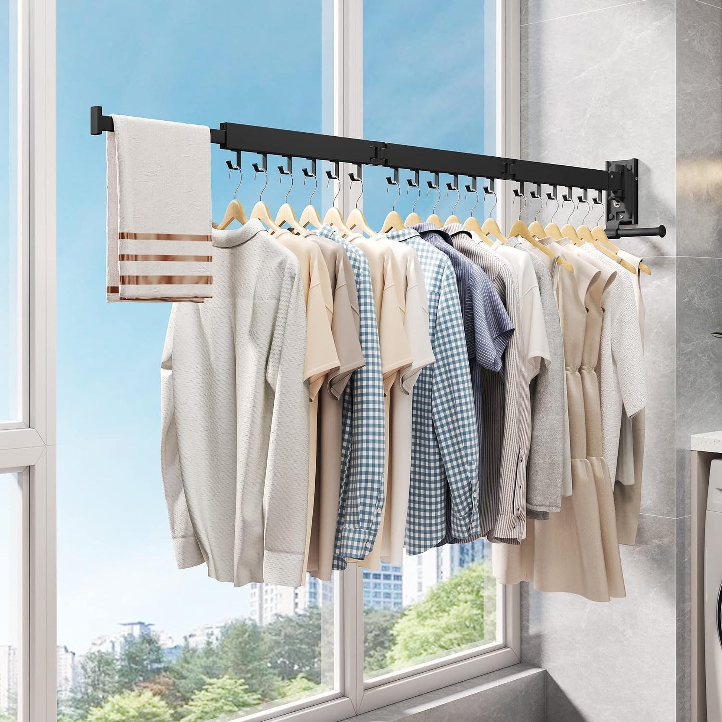 LIENAHU Wall Mounted Clothes Drying Rack, Collapsible, Folding, Retractable - Clothes Hanging Rack (Hooks, White)