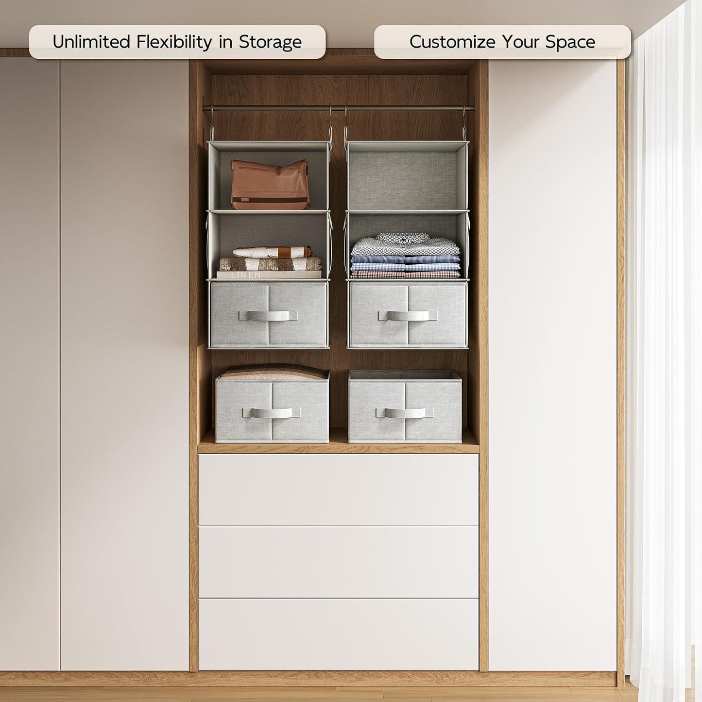Vailando 6-Shelf Hanging Closet Organizer with 3 Drawers, 2 Separable 3-Shelf Closet Organizers and Storage for Wardrobe Organization, Hanging Dresser for Nursury & Dorm Clothes Organizer