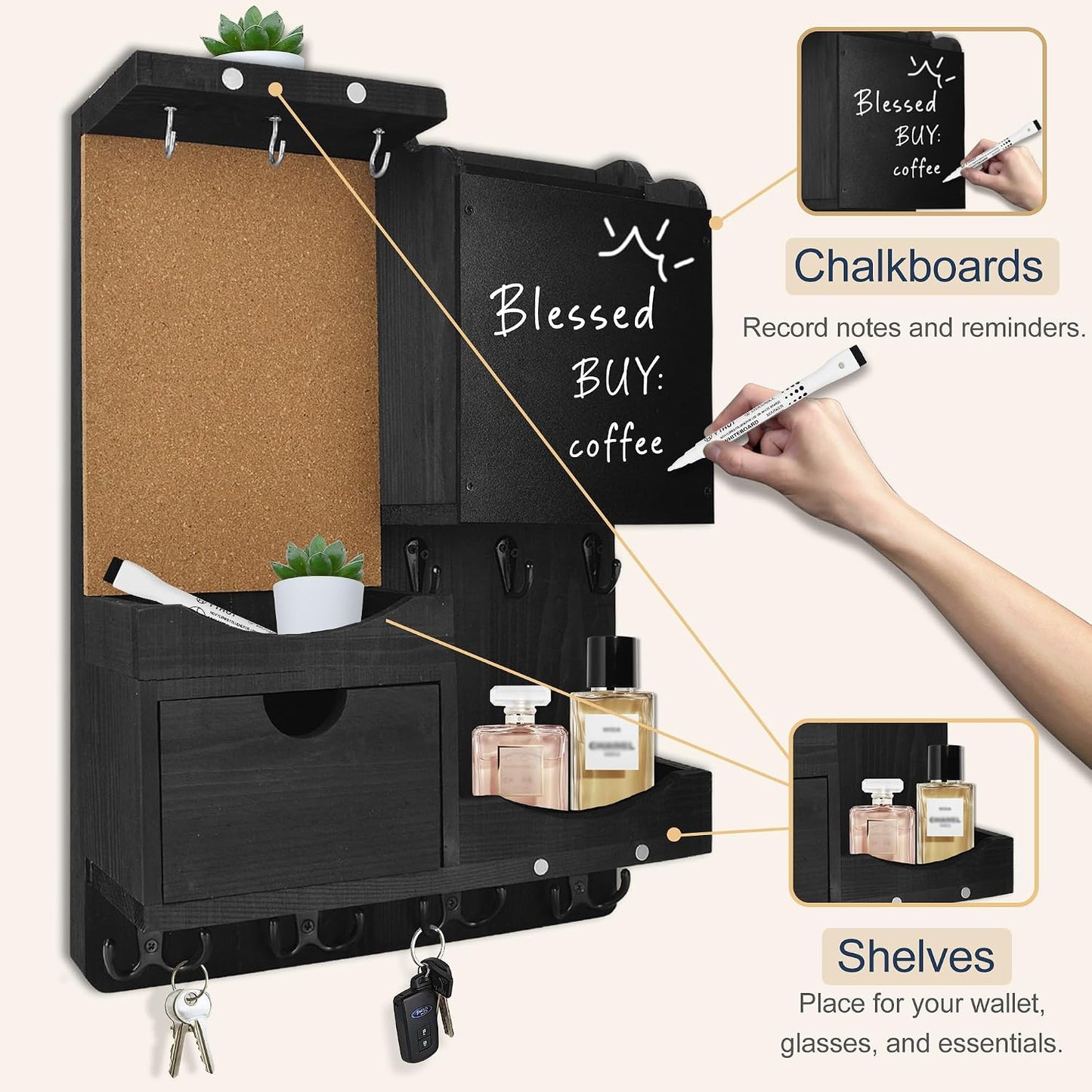 Key Holder for Wall Mount with Shelf and Mail Organizer, Key and Mail Holder with 16 Hooks, Farmhouse Entryway Organizer, Home Decor Rack (Pine Wood, Black)