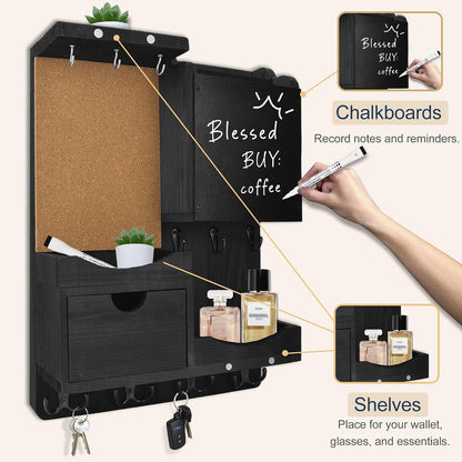 Key Holder for Wall Mount with Shelf and Mail Organizer, Key and Mail Holder with 16 Hooks, Farmhouse Entryway Organizer, Home Decor Rack (Pine Wood, Black)