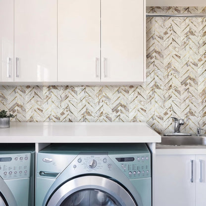 STICKGOO 10-Sheet Herringbone Tile Peel and Stick Backsplash, Beige Mixed Metal Gold PVC Stick on Backsplash, Self Adhesive Wall Tile for Kitchen and Bathroom
