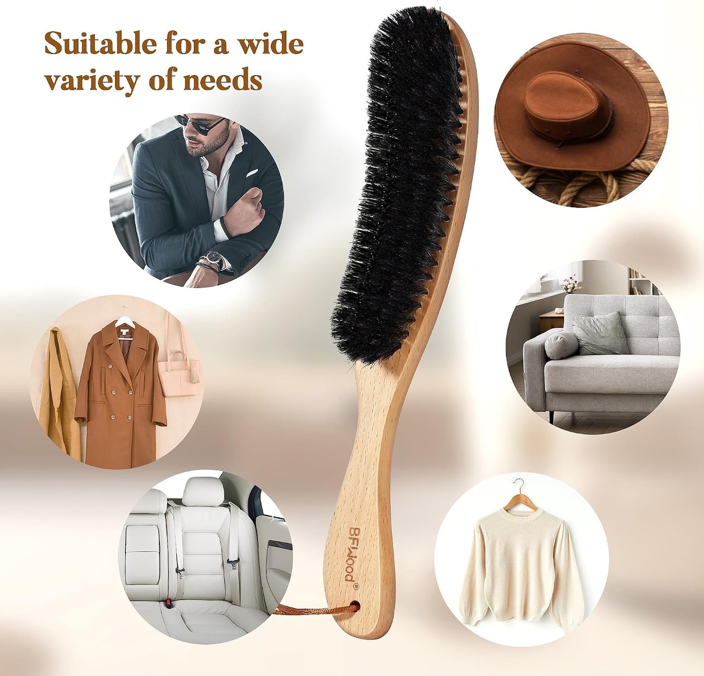 BFWood Clothes Brush, Boar Bristle Lint Brush for Suits, Cashmere, Wool, Velvet, Suede and Pet Hair, Large Black Walnut Wood Handle