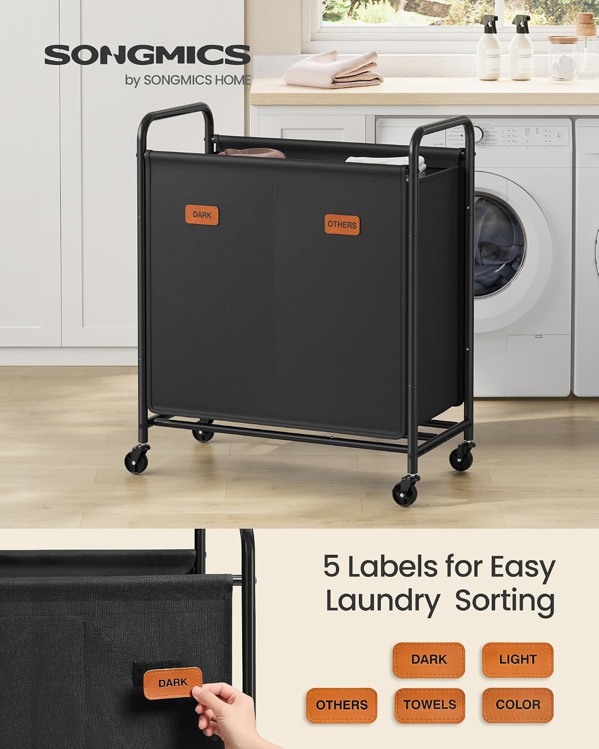 SONGMICS 3-Section Laundry Sorter, Laundry Hamper with Wheels, Rolling Clothes Hamper Cart with Large Capacity and Removable Bags, for Laundry Room, Bedroom, Bathroom, Ink Black URLS330B01