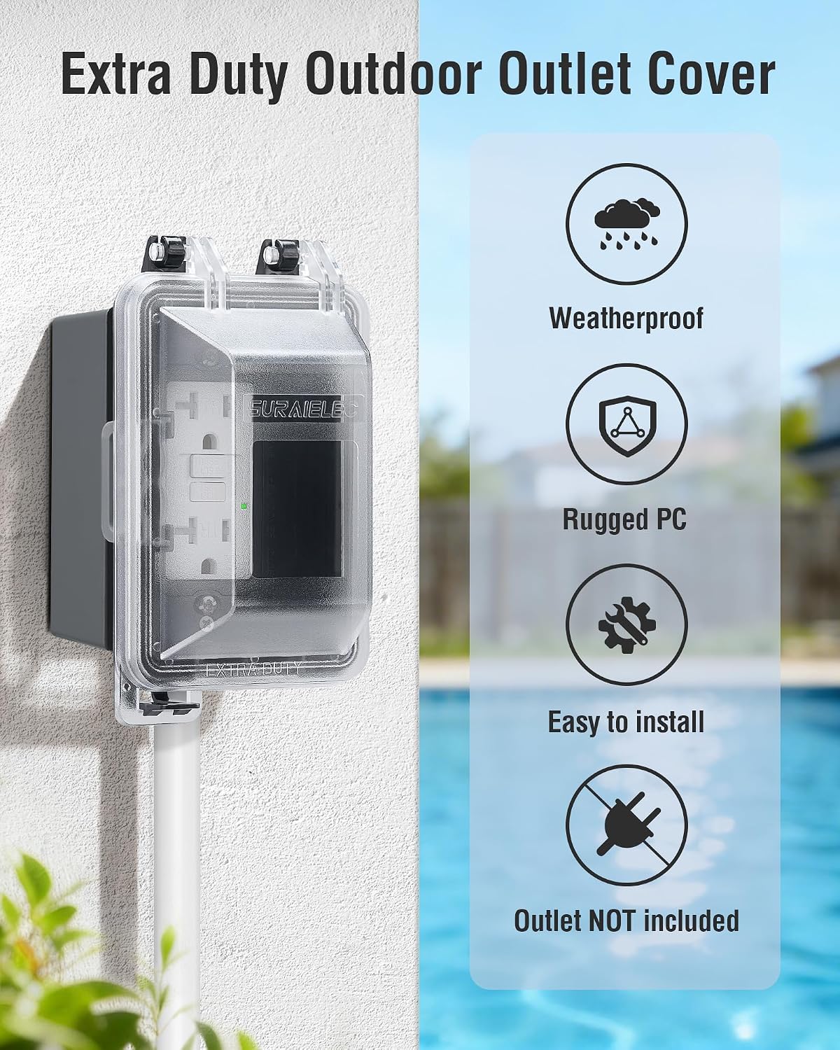 SURAIELEC Outdoor in-Use Outlet Cover, 1-Gang Weatherproof PC Receptacle Cover, Extra-Duty, Horizontal/Vertical Mount, Compatible with GFCI, Duplex Outlets and Switches for Outdoor Use, Black, 1-Pack