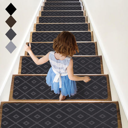 RIOLAND Stair Treads Carpet Non-Slip Indoor 15 PCS Wood Stair Treads Rugs Anti Moving Modern Stair Runners Safety for Kids Dogs, 8" X 30", Diamond Gray