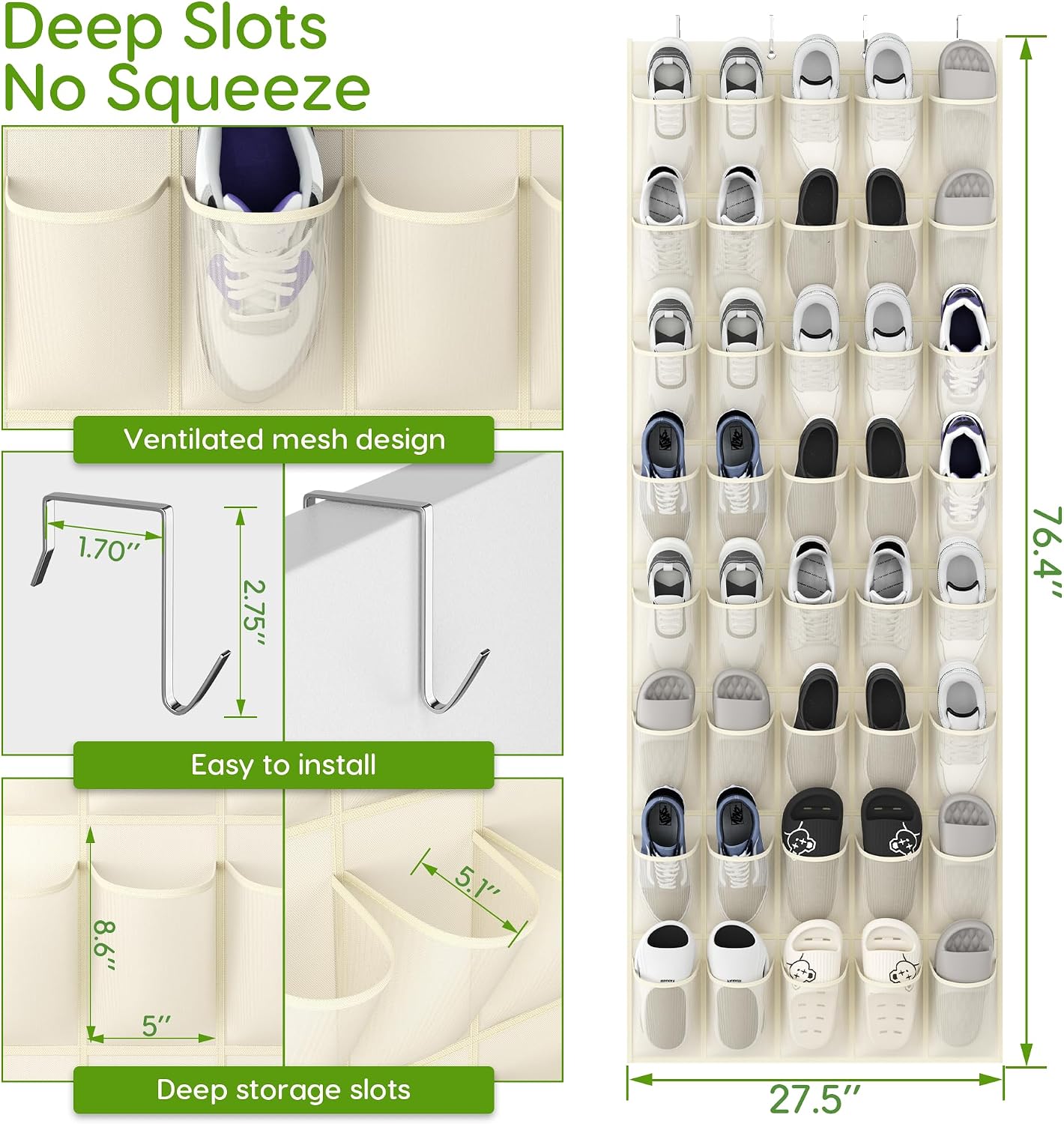 Over the Door Shoe Organizer with 40 Large Breathable Mesh Pockets, Space Saving Shoe Holder, Hanging Shoe Rack for Entryway Bedroom Closet Storage (White, 40 Pockets)