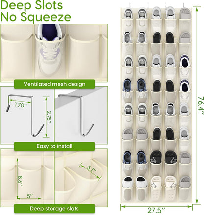 Over the Door Shoe Organizer with 40 Large Breathable Mesh Pockets, Space Saving Shoe Holder, Hanging Shoe Rack for Entryway Bedroom Closet Storage (White, 40 Pockets)