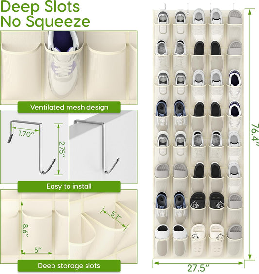 Over the Door Shoe Organizer with 40 Large Breathable Mesh Pockets, Space Saving Shoe Holder, Hanging Shoe Rack for Entryway Bedroom Closet Storage (White, 40 Pockets)
