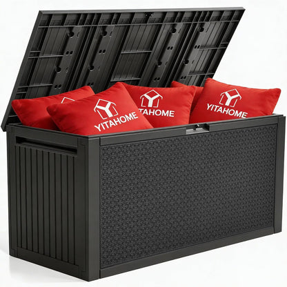 YITAHOME 100 Gallon Large Outdoor Deck Box | Waterproof Resin Storage Box, Lockable Indoor Outdoor Storage Container for Patio Furniture Cushions, Pool Accessories