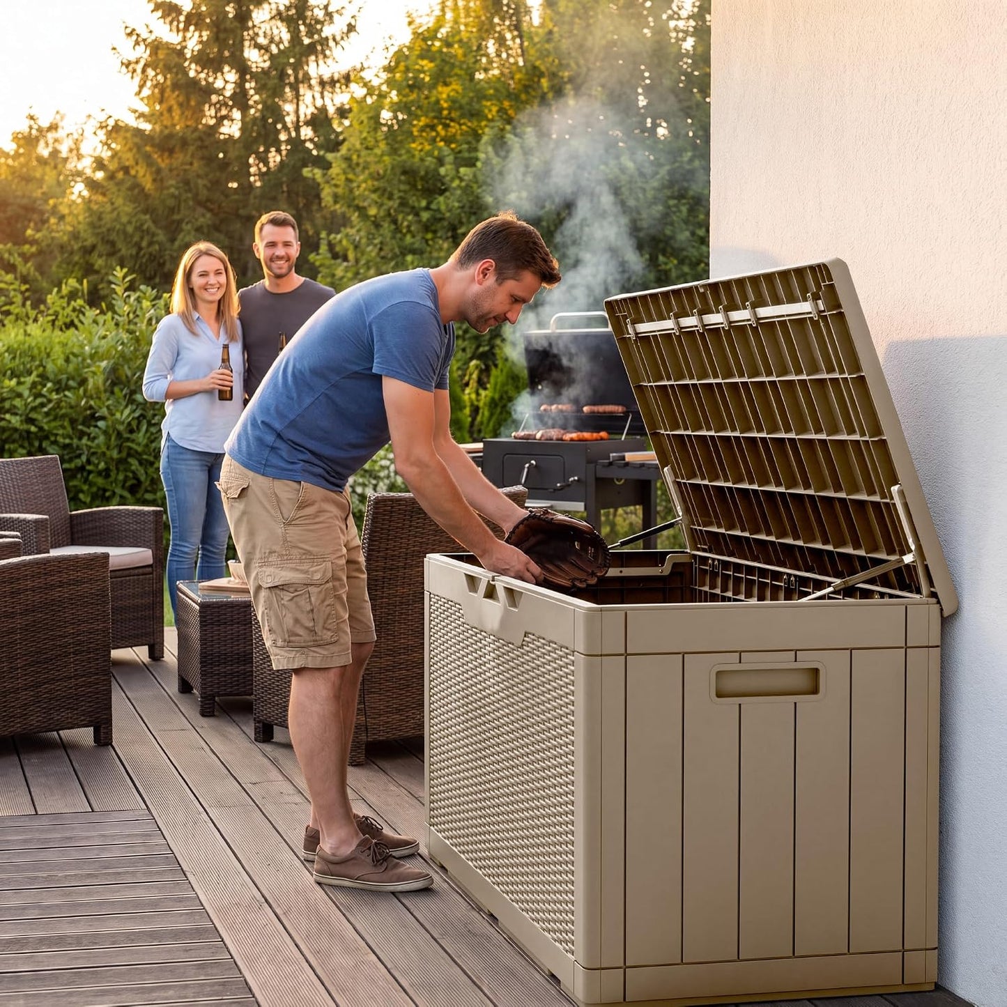 Flamaker Outdoor Storage Box 80 Gallon Resin Waterproof Deck Box Delivery Box with Wood Texture Large Storage Bin for Patio Cushions, (Grey)