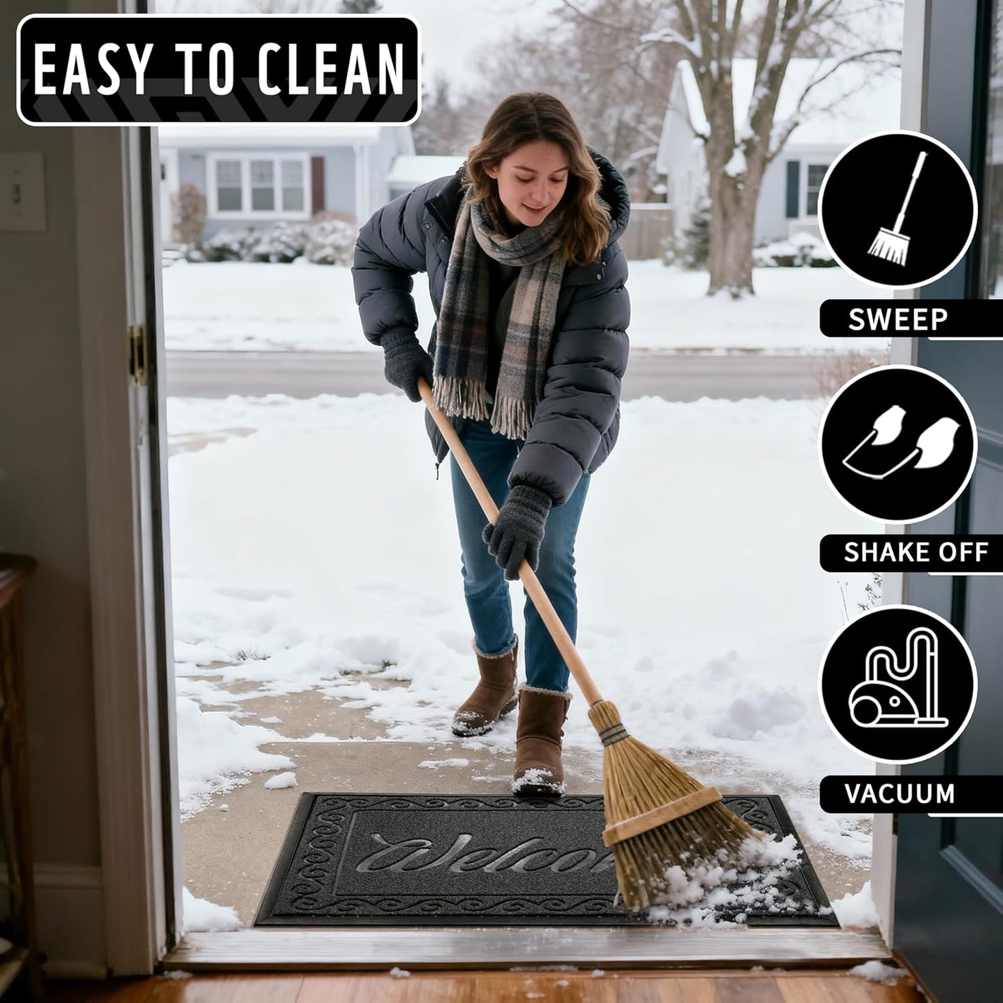 Yimobra Welcome Mat, Heavy Duty Sturdy Door Mats for Home Entrance Outdoor Indoor, Front Doormat for Outside Patio Floor Entry Porch Garage Office, Waterproof, Low Profile, 29.5x17, Black Grey