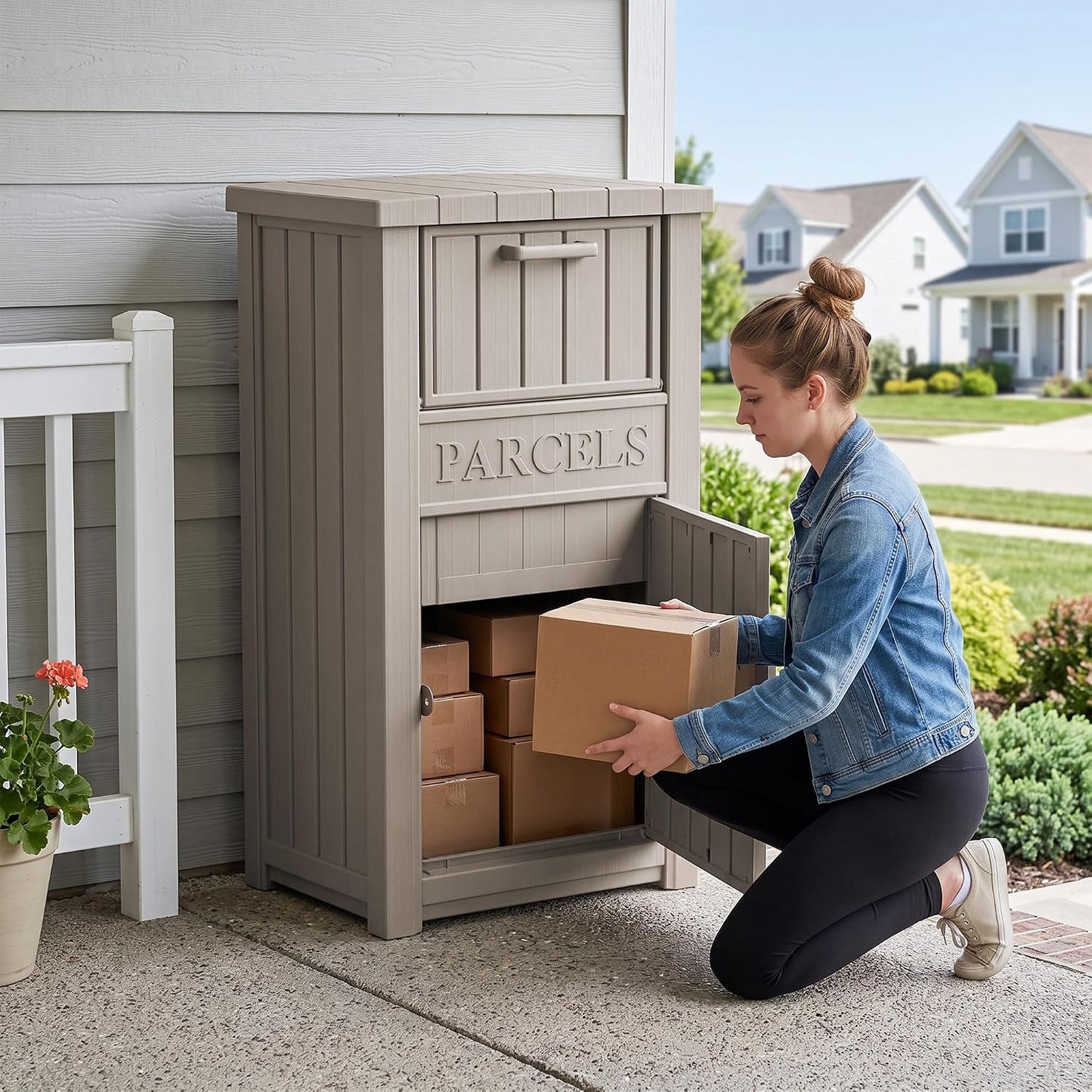 Outdoor Storage Box, 90 Gallon Package Delivery Boxes for Outside, with Lockable Secure, Deck Box Outdoor Waterproof for Entryway, Front Porch, Backyard, Garden, Patio, Lawn, Black