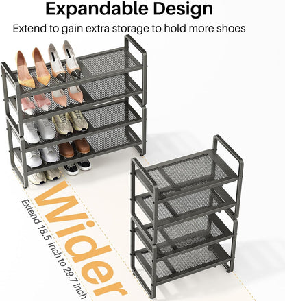 SNTD Shoe Rack - Expandable Shoe Organizer for Closet, Adjustable Metal Shoe Shelf Storage, Stackable Long Shoe Stand Holder for Garage, Entryway, Door Entrance (Black, 2-Tier)