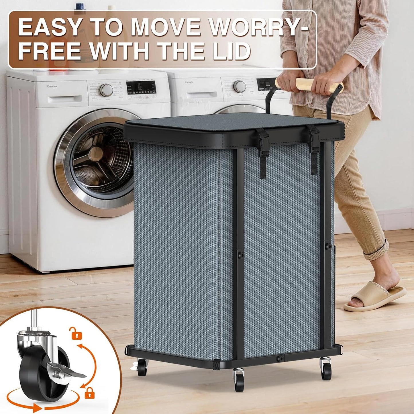 Rolling Laundry Hamper with Wheels, Laundry Hamper 3 Section with Lid, Laundry Basket with Rolling Lockable Wheels and Handle, Laundry Basket Organizer for Laundry Room, Bedroom 230L Black