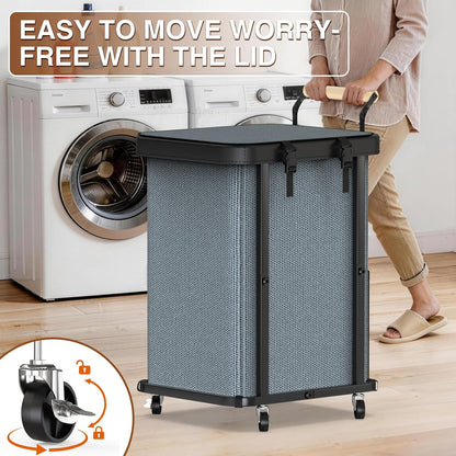 Rolling Laundry Hamper with Wheels, Laundry Hamper 3 Section with Lid, Laundry Basket with Rolling Lockable Wheels and Handle, Laundry Basket Organizer for Laundry Room, Bedroom 230L Black