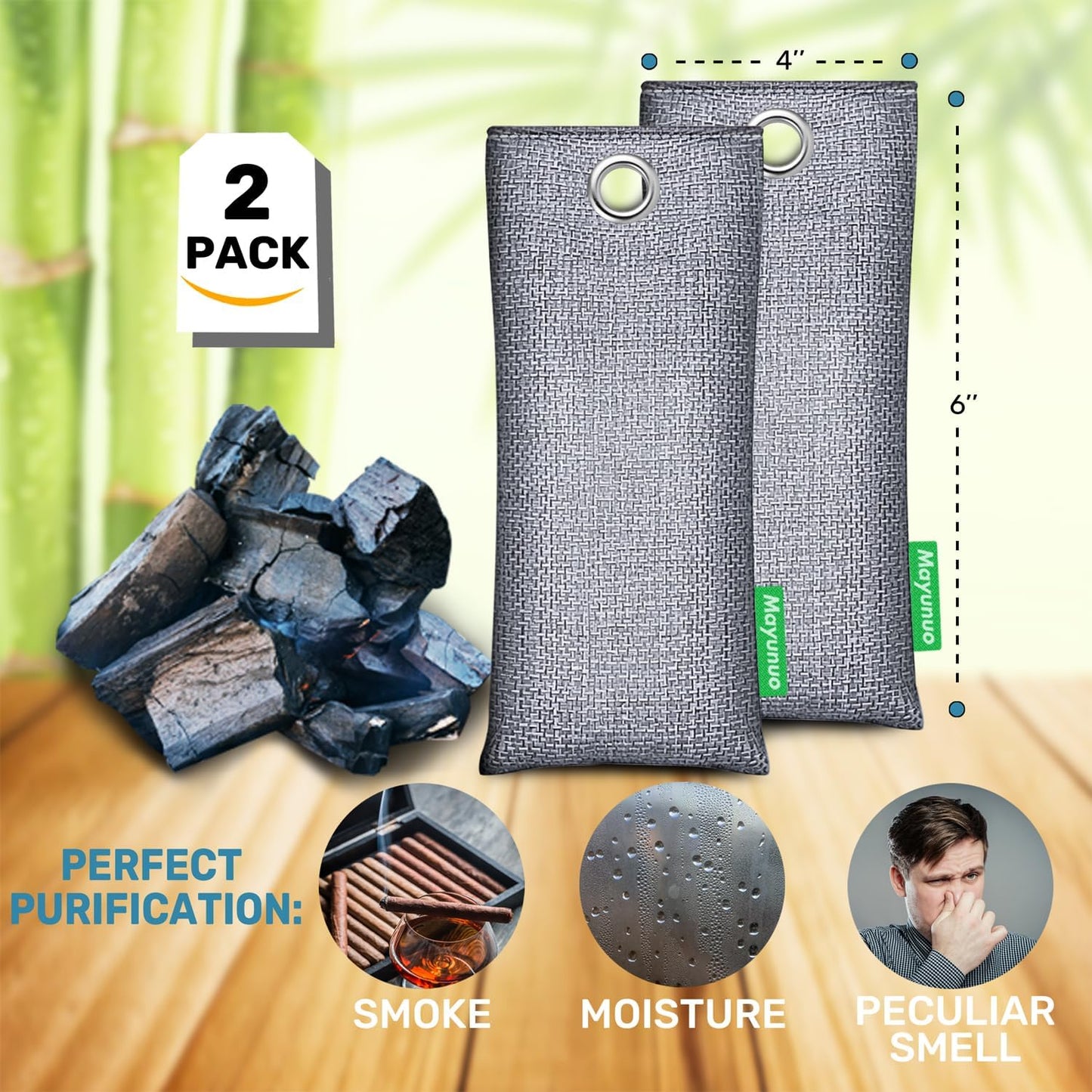 Activated Charcoal Odor Absorber, Natural Shoe Deodorizer Insert, Sneaker Odor Eliminator and Moisture Absorbers. 6 Pack Bamboo Charcoal Air Purifying Bags Shoe Smell Remover