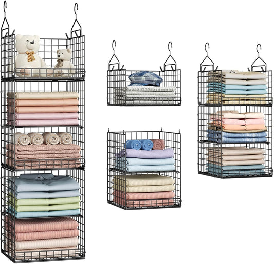 Yuyetuyo 5 Tier Closet Hanging Organizer and Storage Separable Hanging Closet Shelves with 4 Hooks 2 Adjustable Dividers, Wire Storage Basket Bins for Clothing Sweaters Socks Dolls Handbags, Foldable