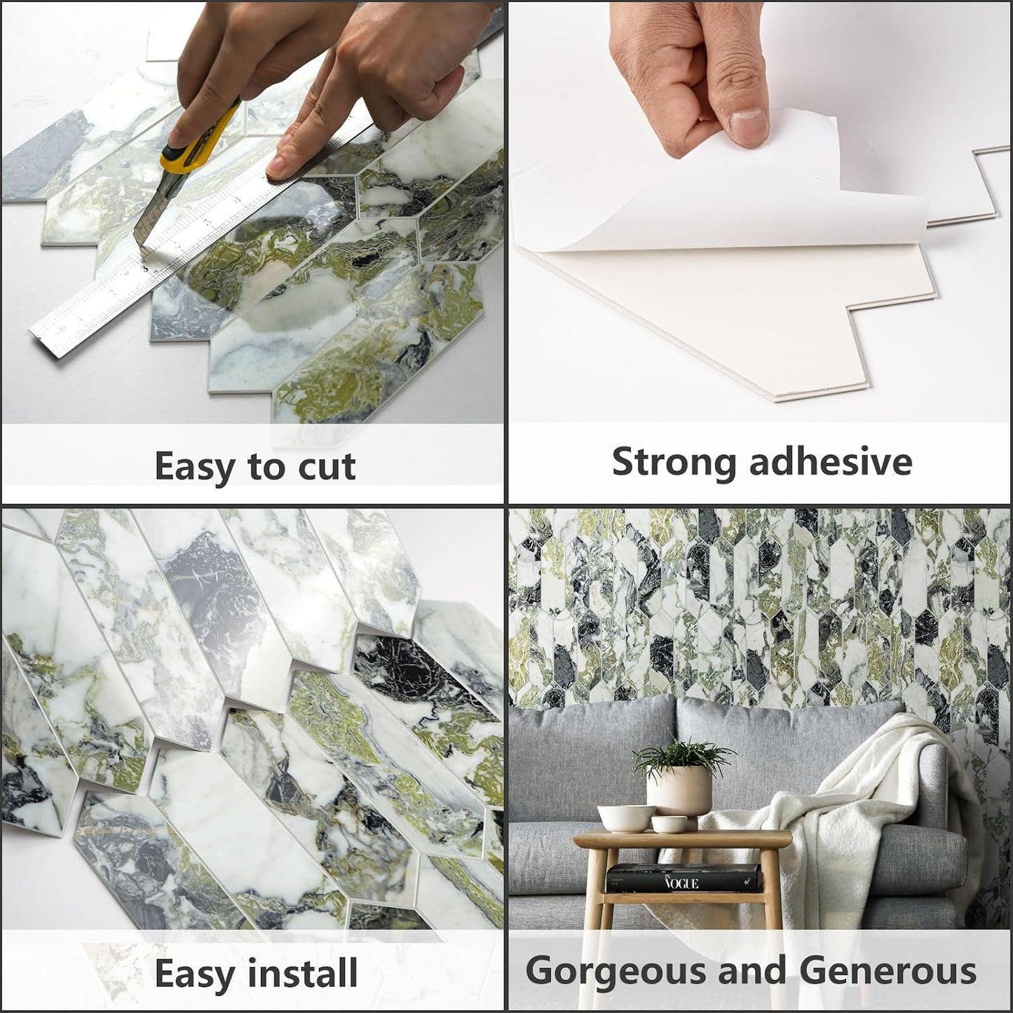 Vamos Tile Glossy Dolomite White Backsplash Tile Peel and Stick, 12.8 x 12.8 Inch 10 Sheets Long Hexagon PVC Self Adhesive Mosaic Wall Tiles Stick on Backsplash for Kitchen and Bathroom