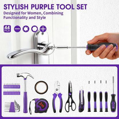 General Household Tool Set - Purple Hand Tool Kit with Waist Pouch & Gloves, Tool Kit for Women Everyday Home Repairs, DIY and Crafts, 112 pcs