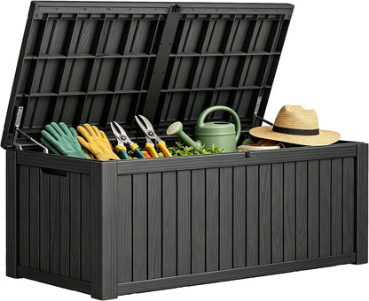 Fancyango 75 Gallon Outdoor Deck Box Waterproof, Large Storage Box for Patio, Resin Storage Bench Lockable for Garden Tools, Package Delivery, Black