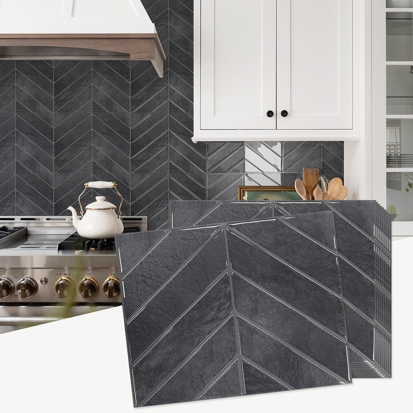 STICKGOO 10 Sheets Thicker Herringbone Peel and Stick Backsplash, 12.6”×9.7” Stick on Wall Tiles, Self Adhesive Tile Sticker for Kitchen Backsplash and Bathroom, White with Grey Grout