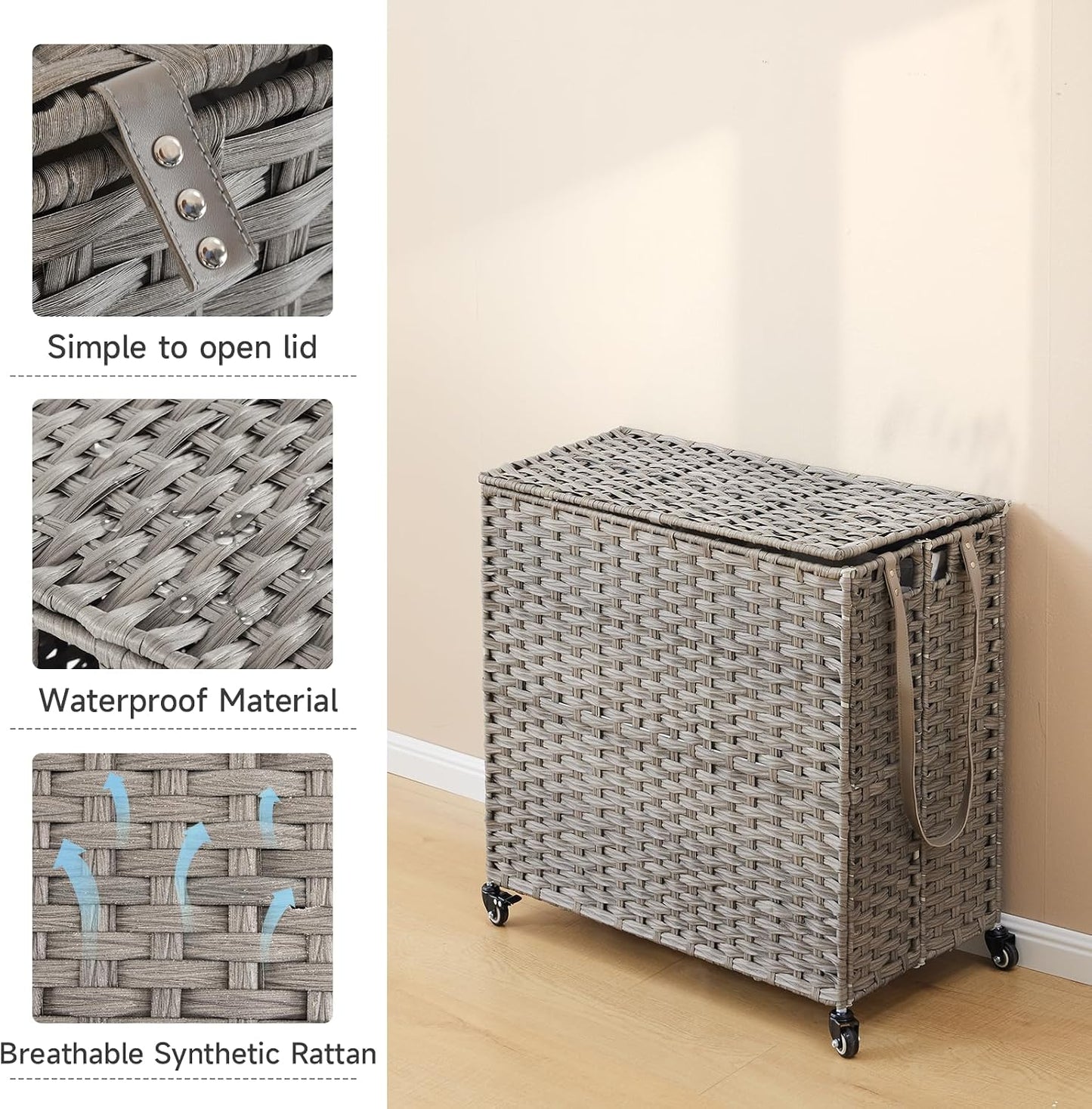Laundry Hamper with Wheels, 52.8 Gallon(200L) Rolling Laundry Basket with Lid, Removable Large 3 Color Liners & 3 Mesh Laundry Bags, Clothes Hamper with Side Pocket, Natural