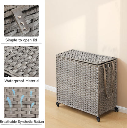 Laundry Hamper with Wheels, 52.8 Gallon(200L) Rolling Laundry Basket with Lid, Removable Large 3 Color Liners & 3 Mesh Laundry Bags, Clothes Hamper with Side Pocket, Natural