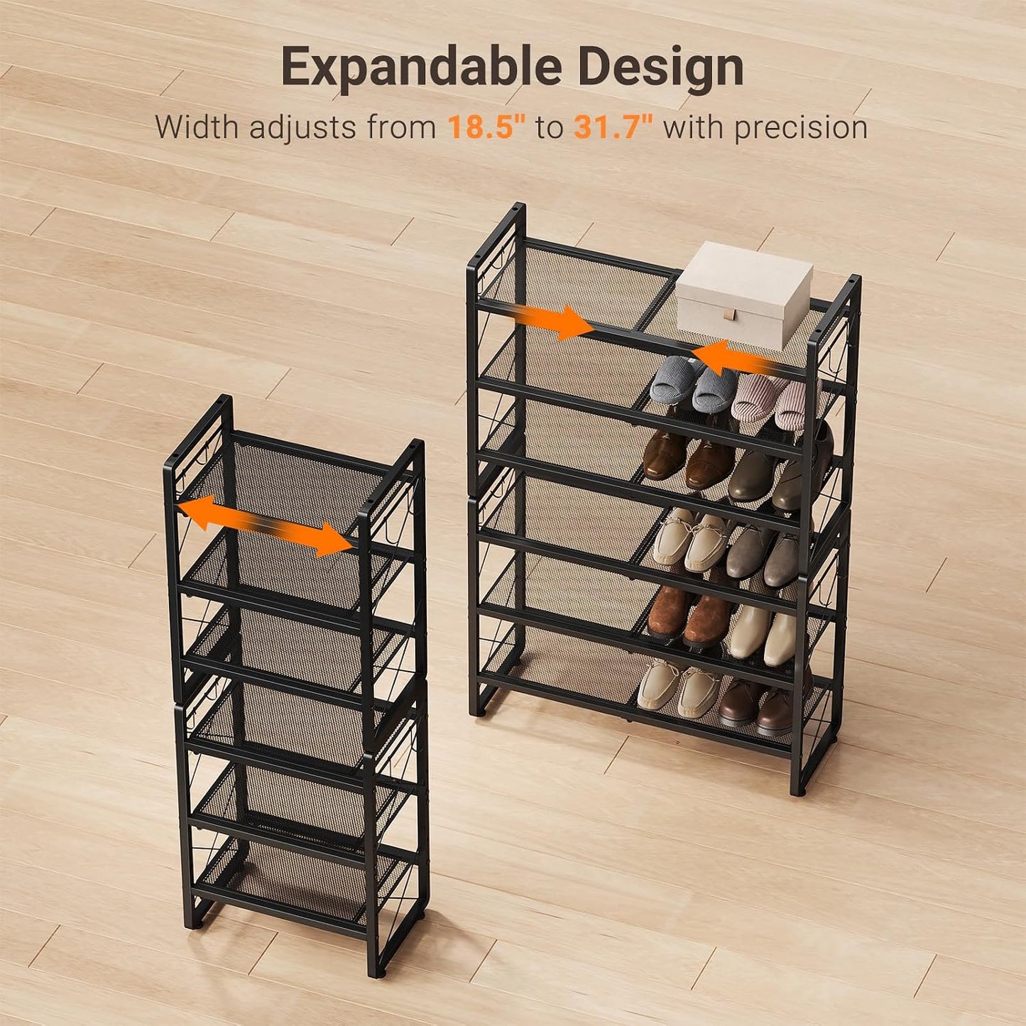 ELYKEN Shoe Rack, 2-Tier Expandable Shoe Organizer for Closet, Metal Black Shoe Shelf with 4 Hooks, Adjustable Shoe Stand Holder for Entryway, Garage, Door Entrance