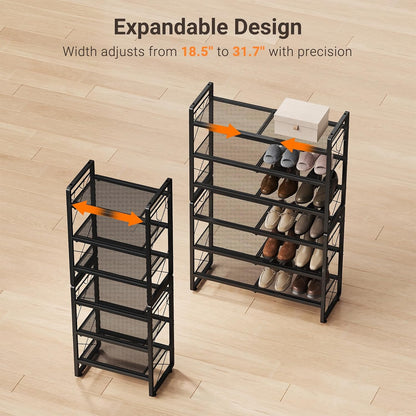 ELYKEN Shoe Rack, 2-Tier Expandable Shoe Organizer for Closet, Metal Black Shoe Shelf with 4 Hooks, Adjustable Shoe Stand Holder for Entryway, Garage, Door Entrance