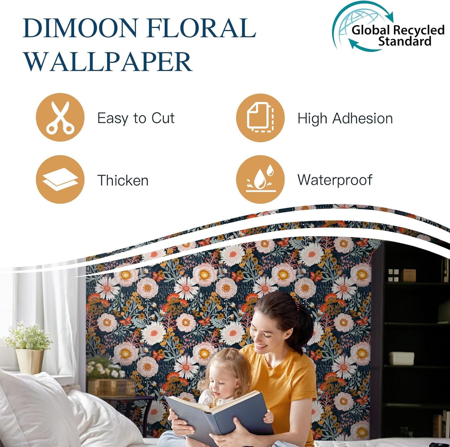 Dimoon 17.3''x78.7'' Peel and Stick Wallpaper Floral Cute Contact Paper Vintage Village Country Cottage Wallpaper Farmhouse Yellow Beige Renter Friendly Geometry Waterproof Embossed Kitchen Bedroom