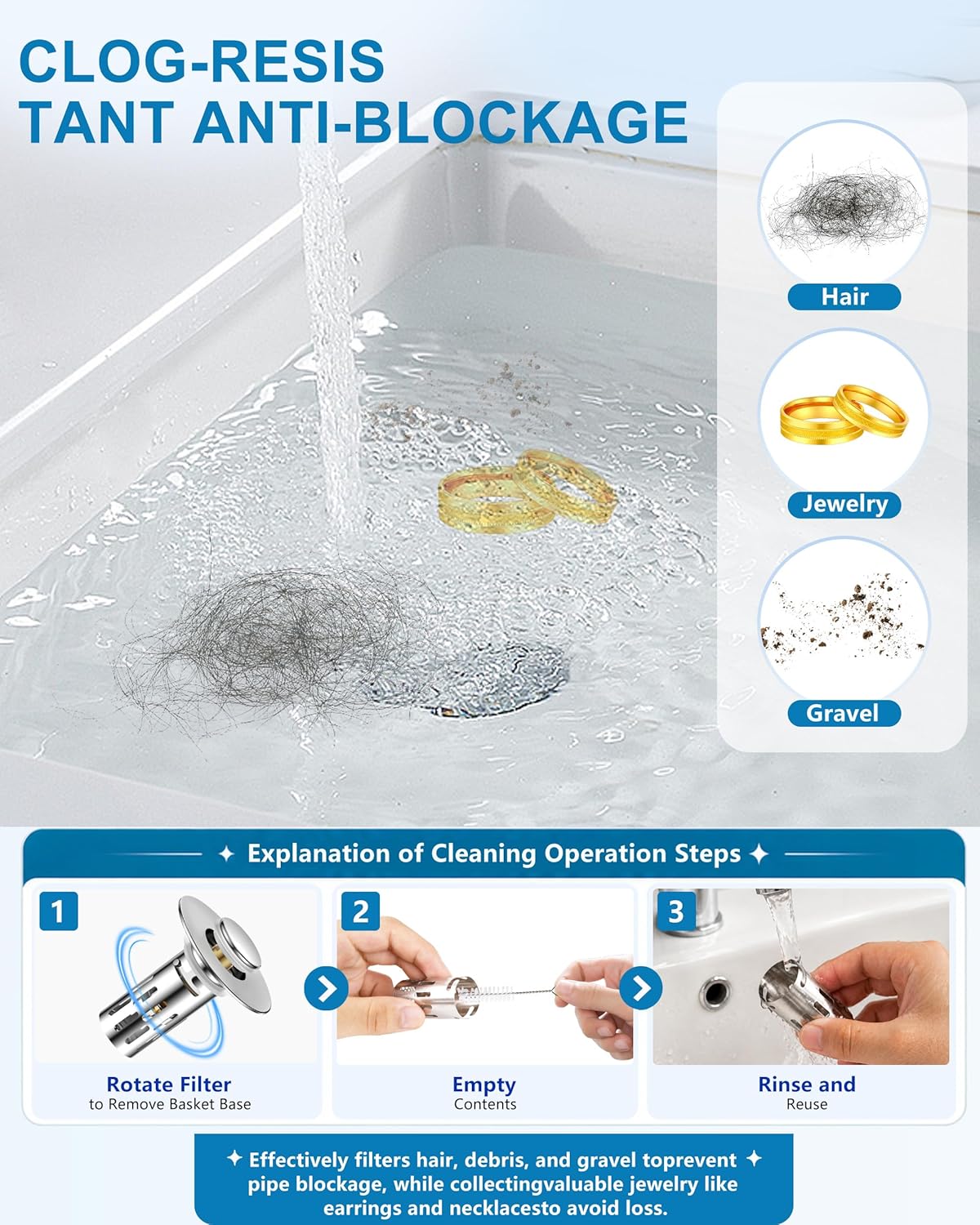 Bathroom Sink Stopper, 1PC Universal Bathroom Sink Drain Strainer, Pop Up Drain for Bathroom Sink, Sink Plug Hair Catcher, Pop-Up Drain Stopper with Removable Hair Catcher, Fit 1.18"-2.17"