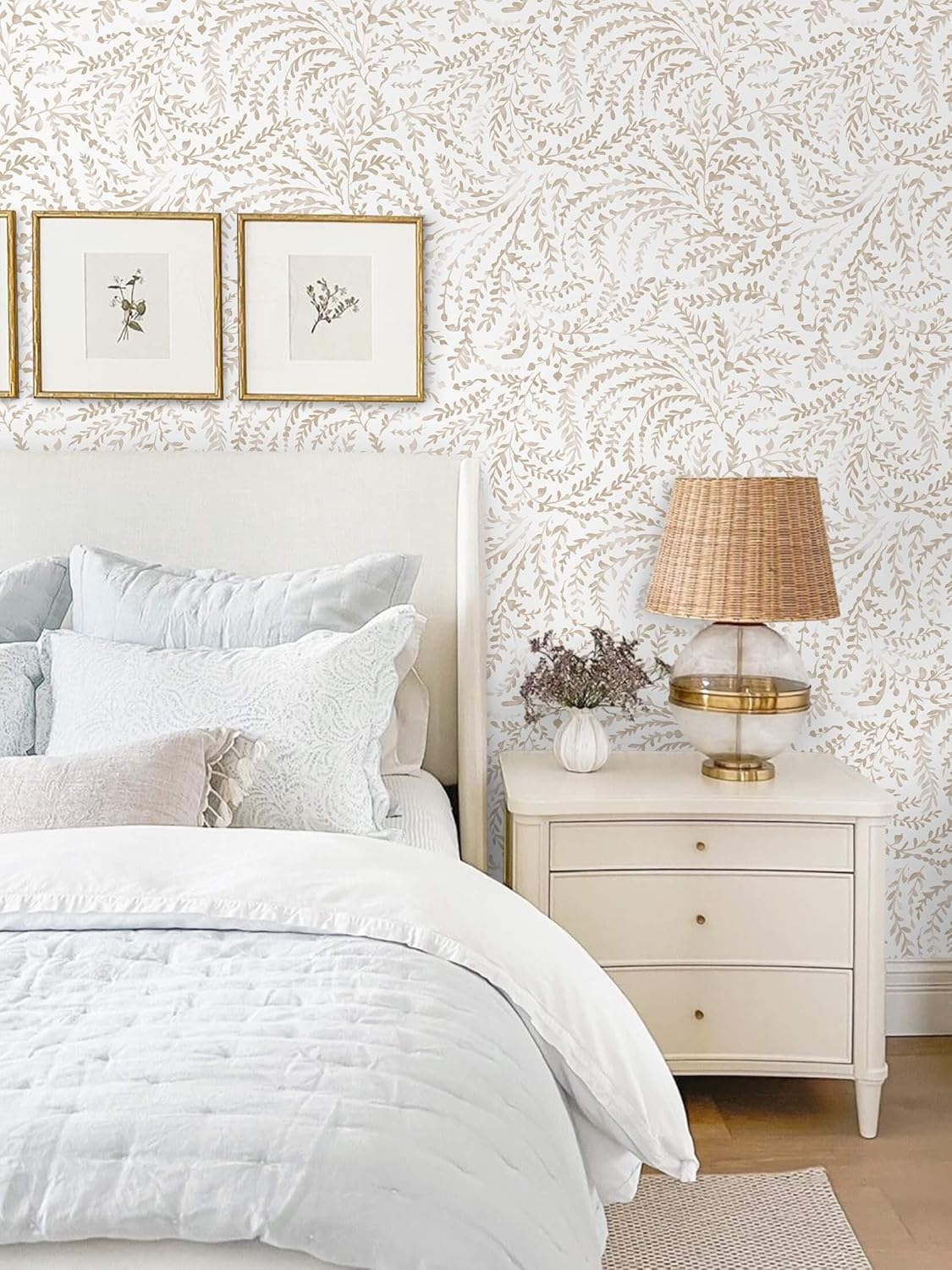 Ismoon Peel and Stick Wallpaper Boho Beige Contact Paper Neutral Floral Wall Paper Textured Self Adhesive Removable Wallpaper for Bedroom Kitchen Renter Friendly Vinyl 17.3" x 78.7"