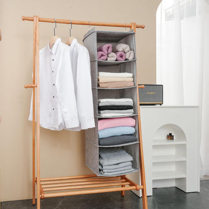 Large Hanging Sweater Organizer for Closet,Collapsible 6-Shelf Hanging Closet Shelves with Drawers, Washable (Grey-6 Shelf)