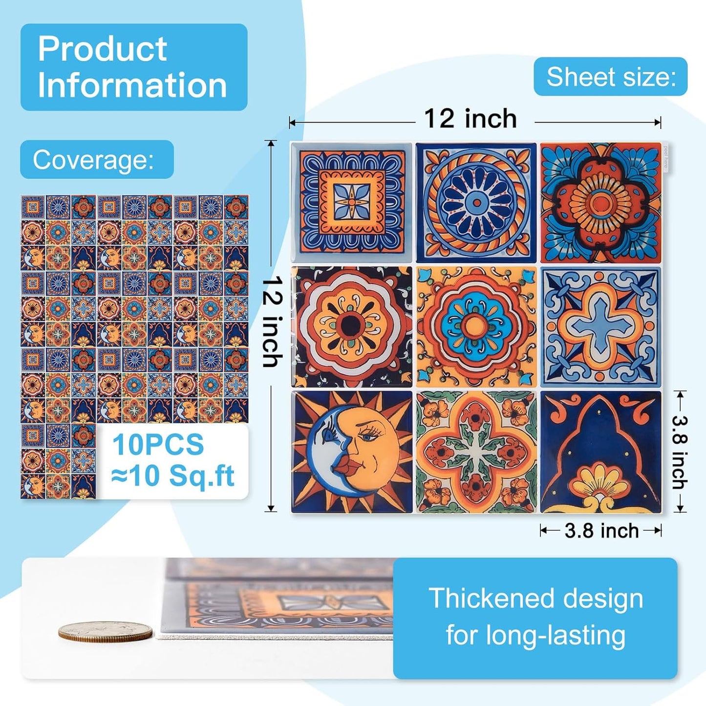 Art3d Talavera Hand-painted Waterproof Peel and Stick Backsplash Tile for Kitchen & Living Room, Sun & Moon Floral Design - 10-Pack of 12 x 12 Inch