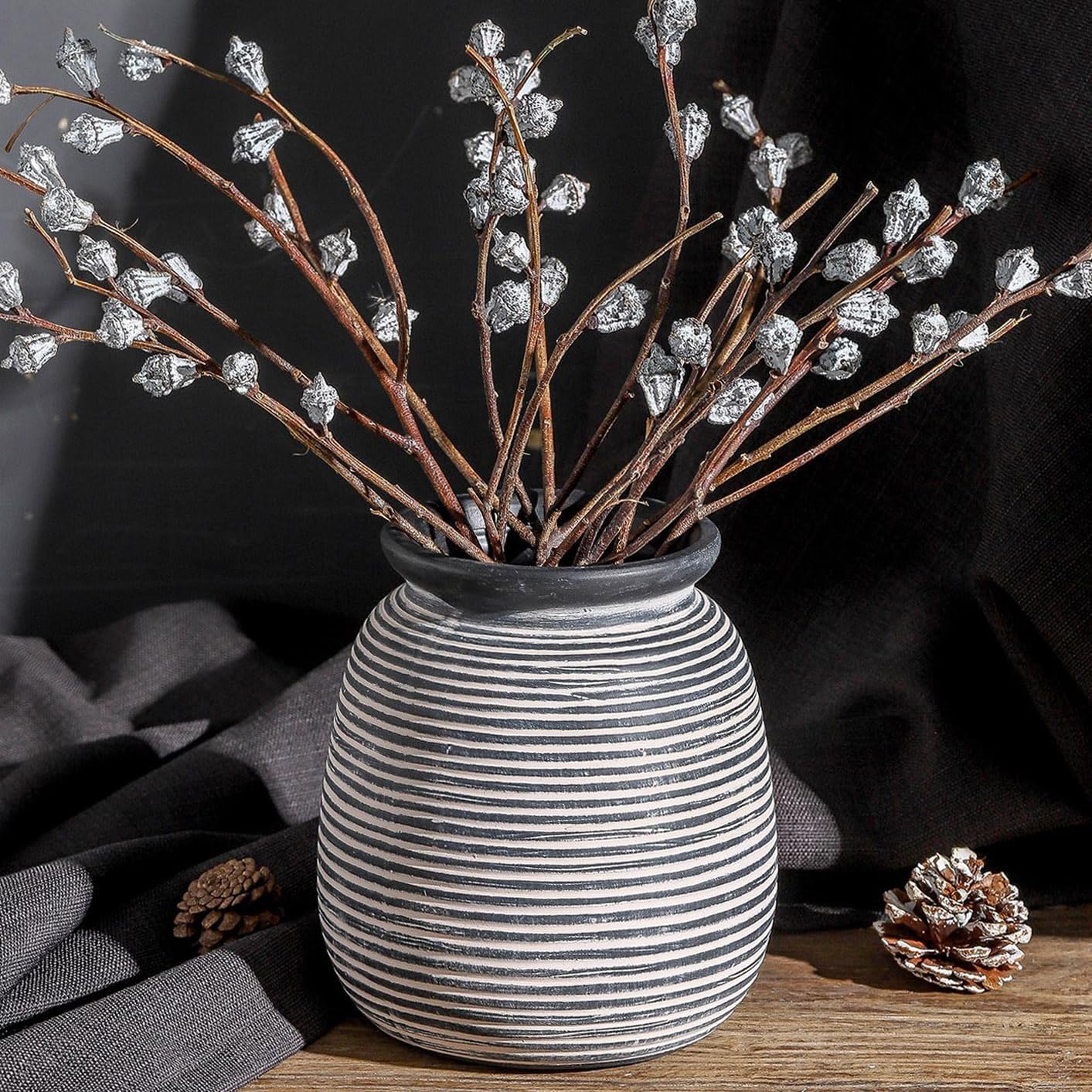 Ceramic Flower Vase, Small Rustic Farmhouse Vases Home Decor, Short Pottery Decorative Pampas Vase for Table Living Room Entryway Mantel Bookshelf Bedroom Bathroom Kitchen - 6" W