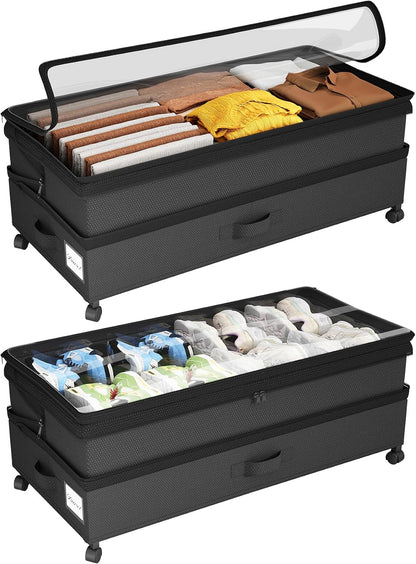 Kitstorack Under Bed Storage with Wheels 2Pack Height-adjustable Under Bed Storage Containers,Under Bed Shoe Storage Organizer with Clear Window&Label, Suitable for Clothes Storage, Gray