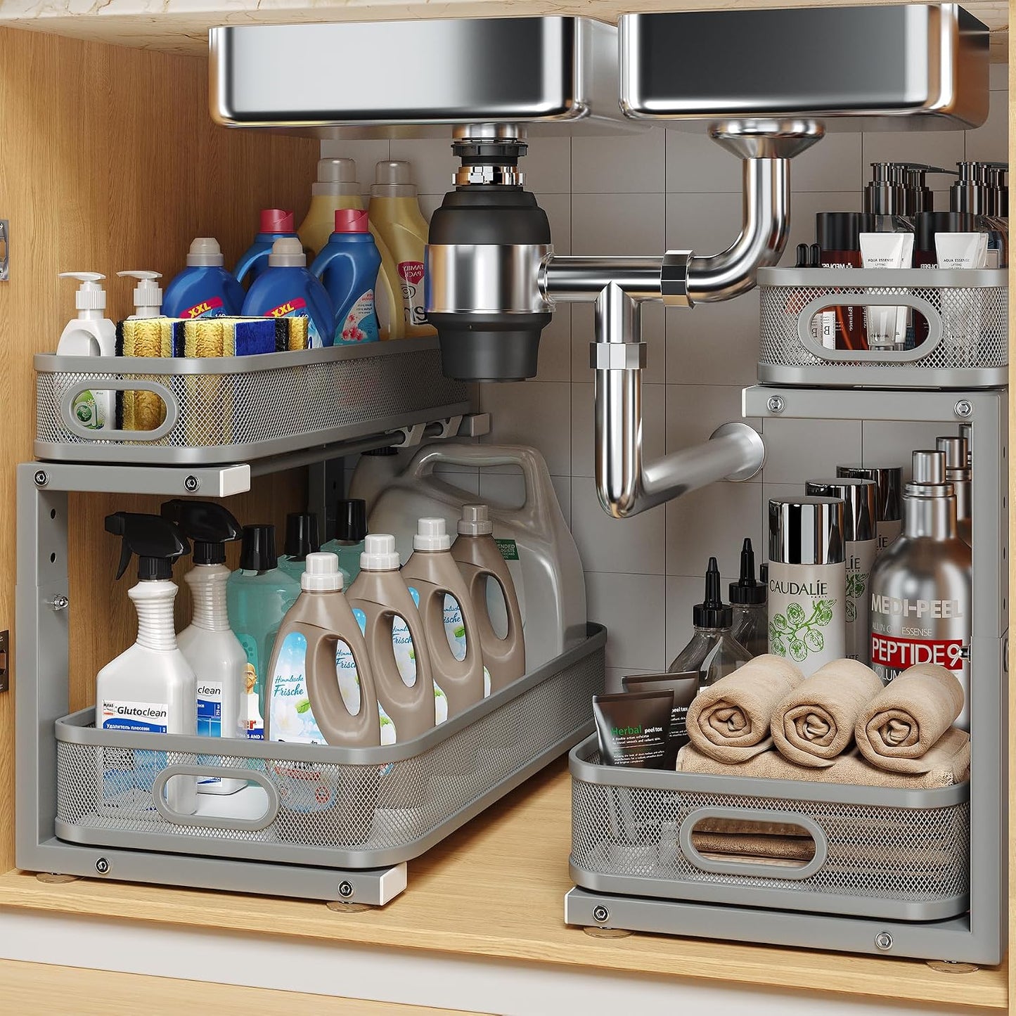 2 Pack Under Sink Organizer With Smooth Cylindrical Rail,2-Tier Pull Out Multi-Purpose Cabinet Storage for Bathroom&Kitchen,Height Adjustable,Rust-resistant Coating-White
