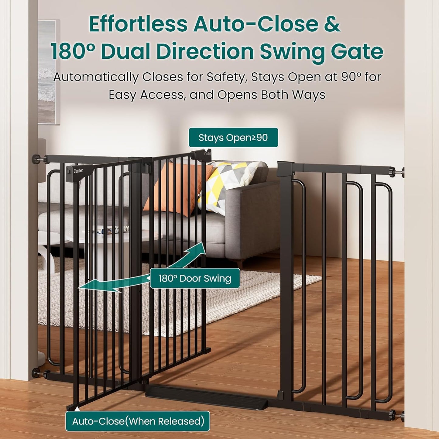 Cumbor 30-46" Baby Gate for Stairs, Mom's Choice Awards Winner-Auto Close Dog Gate for The House, Gifts for Mom, Easy Install Pressure Mounted Pet Gates for Doorways, Black
