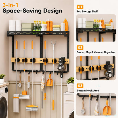 Large Broom Mop Holder Wall Mounted with Top Shelf,3-in-1 Cleaning Supplies Organizer, Laundry Room Storage Rack with 5 Clamps and 6 Removable Hooks for Home Garage, Utility Room and Kitchen
