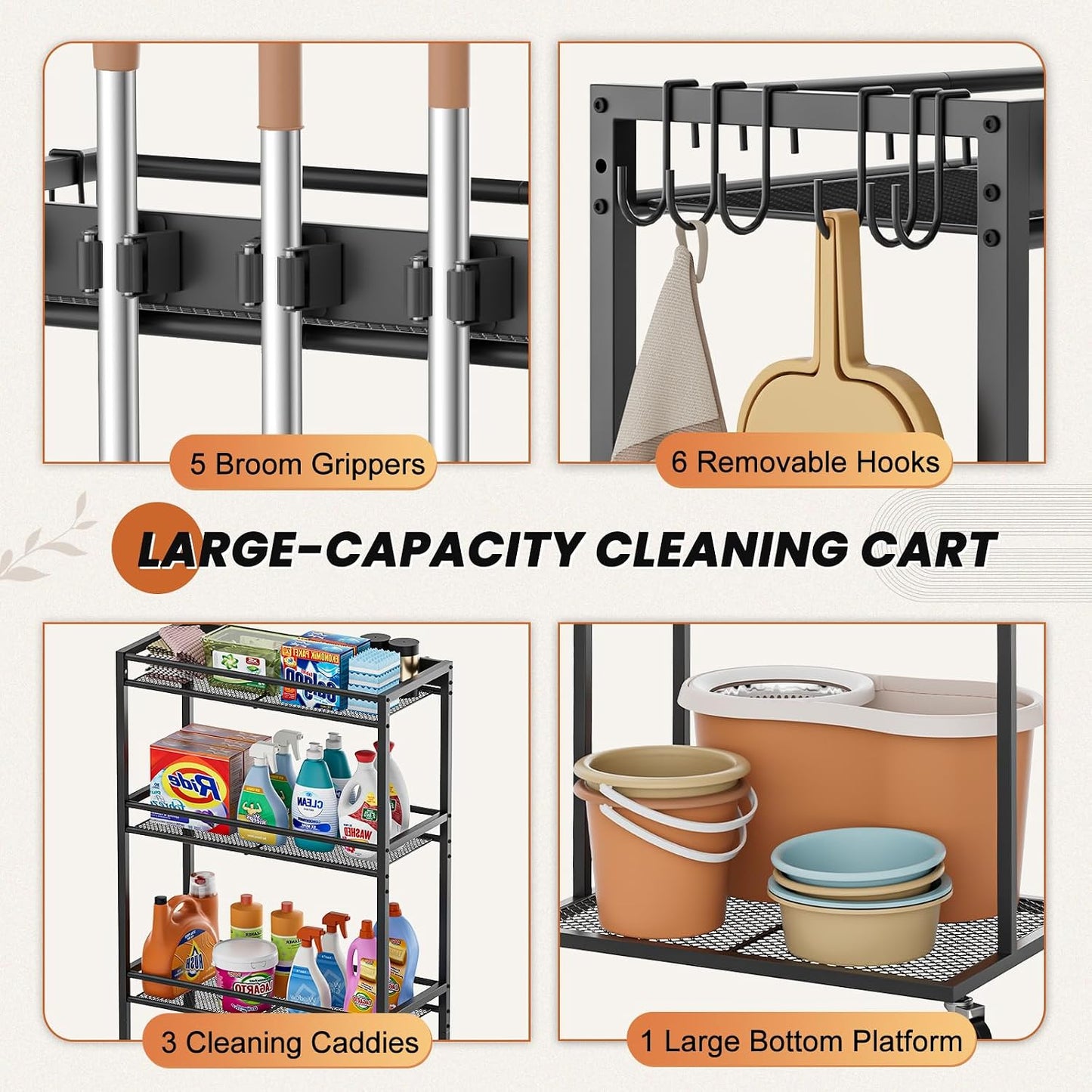 Olakee Taller Broom Holder with Cleaning Supplies Organizer, Broom Closet Storage Cabinet with Mop Hanger Gripper Rack Hooks, Housekeeping Janitorial Cart with Cleaning Caddy, Garage Home Improvement