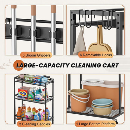 Olakee Taller Broom Holder with Cleaning Supplies Organizer, Broom Closet Storage Cabinet with Mop Hanger Gripper Rack Hooks, Housekeeping Janitorial Cart with Cleaning Caddy, Garage Home Improvement