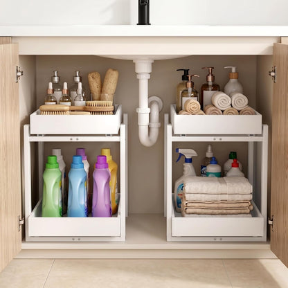 Bamboo Under Sink Organizer and Storage, 2 Pack Pull Out Cabinet Organization, 2 Tier Vertical Slide Out Undersink Storage Shelf, Multi-Purpose Organizer Shelves for Kitchen Bathroom Medicine