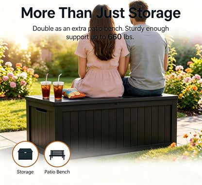 MAKINO 152 Gallon Resin Outdoor Storage Box, Waterproof Deck Box with Lockable Lid, Outside Storage Box for Patio Furniture, Pool Accessories, Garden Tools, Storage Bench for Backyard, Porch, Black