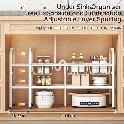 2 Tier Under Sink Organizer Expandable Length/Height Adjustable Heavy | Length/height adjustable fits any cabinet, 4 removable shelves/baskets, anti-wobble feet, for kitchen/bathroom/laundry